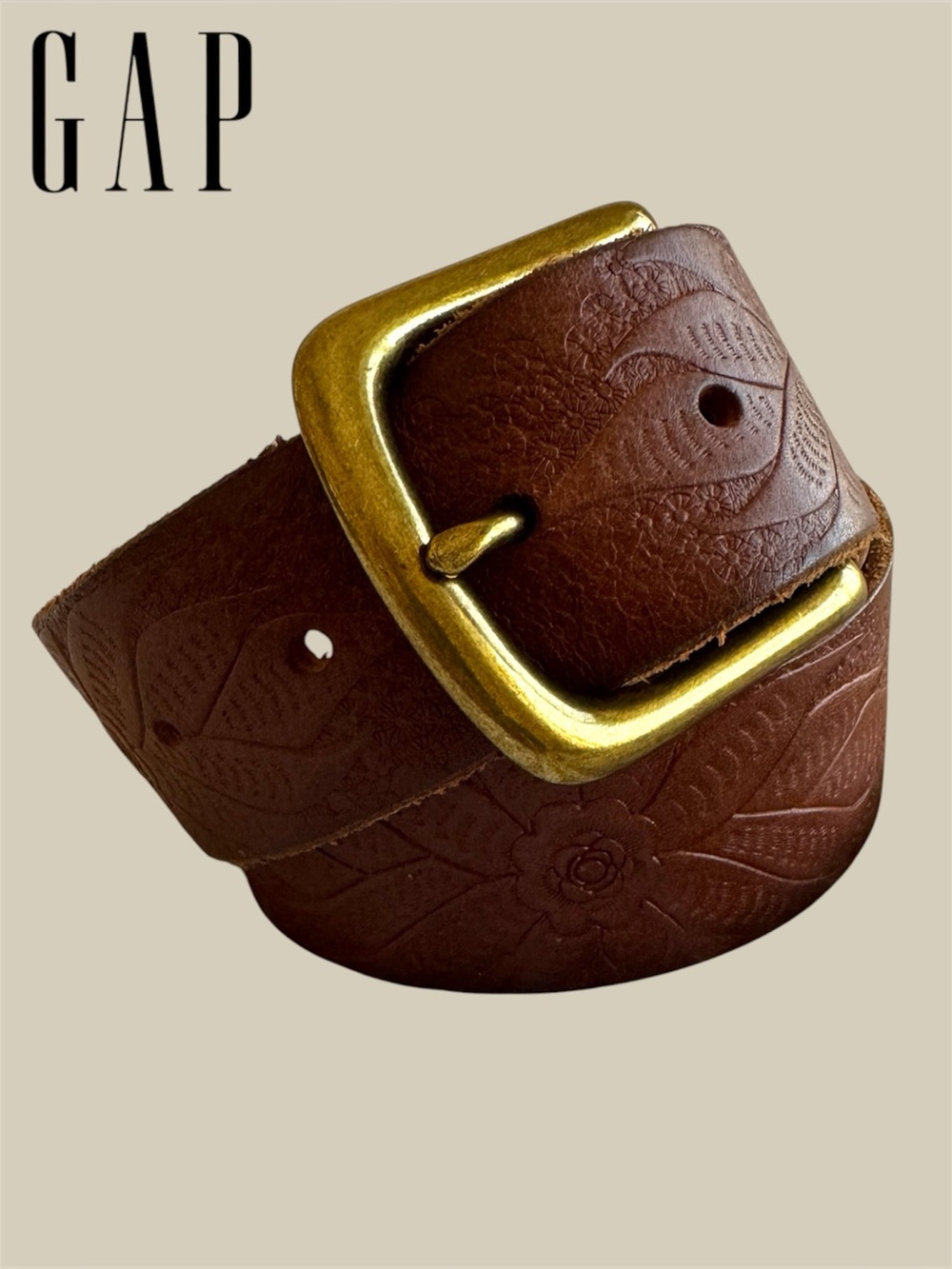 🛍️SALE🛍️ GAP Women's Floral Embossed Genuine Leather Belt with Brass-Tone Buckle - Picture 2 of 12